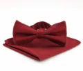 Wine red men's bow tie and pocket square set, elegant striped fabric accessory for weddings. - Burgundy
