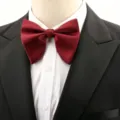 Close-up detail shot of the elegant burgundy silk bow tie paired with a formal suit. - Burgundy