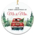 Custom Christmas ornament ceramic round hanging tree decor for newlywed couples red truck 2025 - LT389-21