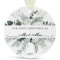 Custom Christmas ornament for newlywed couple 2025 with watercolor eucalyptus design. - LT389-7