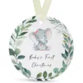 Baby's First Christmas ceramic ornament, cute elephant watercolor design with ribbon. - LT389-11