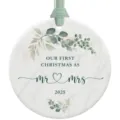 Round Christmas ornament with eucalyptus wreath design, custom 2025 newlyweds hanging decor. - LT389-13