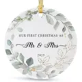 Personalized Mr & Mrs Christmas tree ornament with watercolor eucalyptus leaves for new couples. - LT389-17