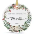 Round newlywed Christmas ornament Mr Mrs 2025, watercolor floral wreath hanging tree decor. - LT389-19