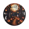 Round wooden Halloween door sign with spooky forest pumpkin and ghost design for home decor. - LT384-3 (1 Plaque + 60cm Hemp Rope)