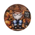 Round wooden autumn door sign with cute gnome and maple leaves, perfect fall home decor. - LT384-7 (1 Plaque + 60cm Hemp Rope)