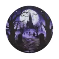 Wooden Halloween hanging sign with spooky church and full moon design, ideal for door decor. - LT384-8 (1 Plaque + 60cm Hemp Rope)