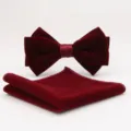 Wine red velvet bow tie and pocket square detail shot, premium wedding groom accessory. - Style A / Burgundy