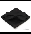 Detail view of the black paisley bow tie and pocket square set, elegant wedding suit accessory. - JF-004
