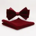 Wine red velvet bow tie pocket square set detail view, elegant men formal accessory. - Style B / Burgundy