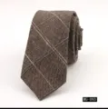 Men's brown plaid cotton narrow tie detail view, stylish casual party necktie for daily wear. - MG-093