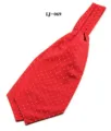 Close-up detail of the red men's ascot tie featuring white and blue polka dot pattern. - Red with White and Blue Dots