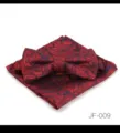 Vue en gros plan détaillée du charmant ensemble nœud papillon et poche paisley rouge. - JF-009