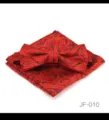 Vue détaillée de l'ensemble nœud papillon et poche à motifs cachemire rouge et noir pour hommes. - JF-010