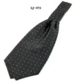 Detailed view of a stylish men's black Ascot tie featuring elegant white polka dot patterns. - Black with White Dots