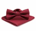 Men's elegant striped bow tie and pocket square set detail view showing fine fabric texture. - Wine Red-1