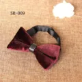 Detailed shot of burgundy velvet bow tie with black leather center accent and textured finish. - Burgundy Style (SR-009)