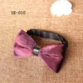 Detailed view of luxury purple velvet bow tie with black leather center knot and strap. - Purple Print Style (SR-010)