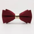 Vue détaillée du nœud papillon pour homme rayé rouge vin avec centre en métal doré. - Metallic Happy - rouge vin
