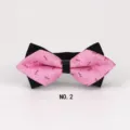 Close-up detail of a pink glitter pointed double-layer bow tie with black satin and leather buckle. - No.2