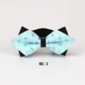 Detail view of stylish men's pointed bow tie with light blue pattern and black backing. - NO.3