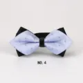 Close-up detail of the stylish pointed men's bow tie in light purple and black design. - NO.4