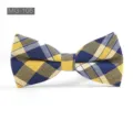 Men classic plaid cotton bow tie detail view, blue and yellow grid pattern accessory. - MG-105