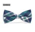 Gros plan detaille sur un noeud papillon elegant en coton aux motifs bleus et verts. - MG-108
