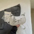 White Polka Dot Shoulder Bag with Bow and Silver Dog Charm Stylish Underarm Crossbody Bag - With Pendant / Off White