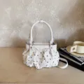 White polka dot ruched handbag, soft leather shoulder crossbody bag with bow detail. - No Pendant / White