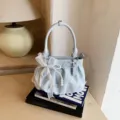 Stylish light blue polka dot ruched handbag with white mesh bow and pearl charm for women. - With Pendant / Blue