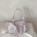 Pink polka dot soft leather handbag with cute pearl bow charm, elegant summer mini shoulder tote. - With Pendant / Pink