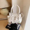 White polka dot pleated handbag soft leather cloud bag with bow pearl charm variant style - With Pendant / White