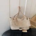 Mujer moda paja tejida bolso de hombro casual verano playa gran capacidad tote - Caqui