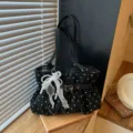 Casual pleated shoulder bag for women, stylish polka dot tote bag with pearl ribbon decor. - Black With Pendant