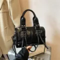 Black glossy boston handbag for women, stylish commuting crossbody bag with chic lace-up design. - No Pendant / Black
