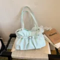 Mint green polka dot pleated shoulder underarm bag casual large capacity handbag for women - Mint Green With Pendant