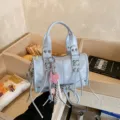 Light blue Boston handbag women stylish PU leather shoulder crossbody bag casual commuter top handle - With Pendant / Blue