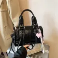 Black crinkle leather Boston bag for women, stylish commuting handbag with pink charm. - With Pendant / Black