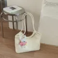 Cream white tote bag for women, large capacity shoulder bag with cute knit plush pendant. - White With Pendant