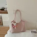 Pink leather shoulder tote bag for women with cute knitted rabbit pendant daily use - Pink With Pendant
