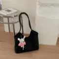 Black leather tote shoulder bag for women, large capacity daily casual handbag with cute knit charm. - Black With Pendant