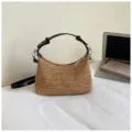 Borsa a spalla in paglia estate spiaggia hobo manico in pelle nera borsa tracolla casual - Nero senza ciondoli
