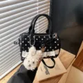 Sweet polka dot handbag with lace trim and cute bunny plush pendant for women stylish daily use. - With Pendant / Black