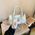Light green polka dot barrel handbag with lace trim, bow and cute plush puppy charm. - With Pendant / Green