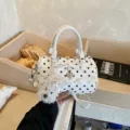 White polka dot handbag sweet style shoulder crossbody bag with cute puppy pendant charm. - With Pendant / Off White