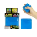 Blue cube squeeze ball toy for stress relief, sensory fidget toy with retail packaging. - Blue