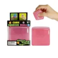 Pink solid cube squeeze toy stress relief sensory fidget toy with retail packaging box. - Pink