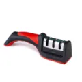 Handheld 3-stage kitchen knife sharpener, ergonomic black and red tool for daily use. - Red
