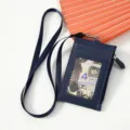 Porte-cartes tour de cou en cuir PU bleu avec poche zippée et fenêtre d'identification - Bleu marine